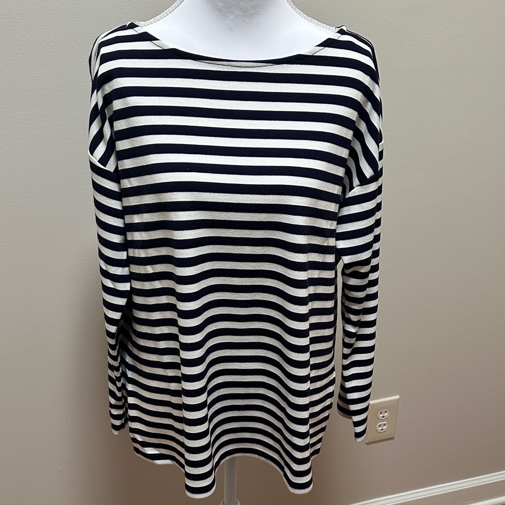 Jones New York Navy and White Striped Long Sleeve Top